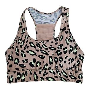 Fabletics On The Go Athletic Sports Bra Nude Leopard Medium Impact Racerback